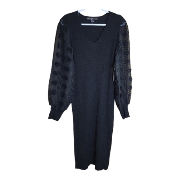 Puff Lace Sleeve Ribbed Sweater Dress plus size Fall / Winter Midi Dress - Picture 14 of 15